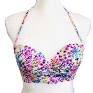 Victoria’s Secret Push Up Halter Bikini Top Neon Multicolor Floral Size 32D